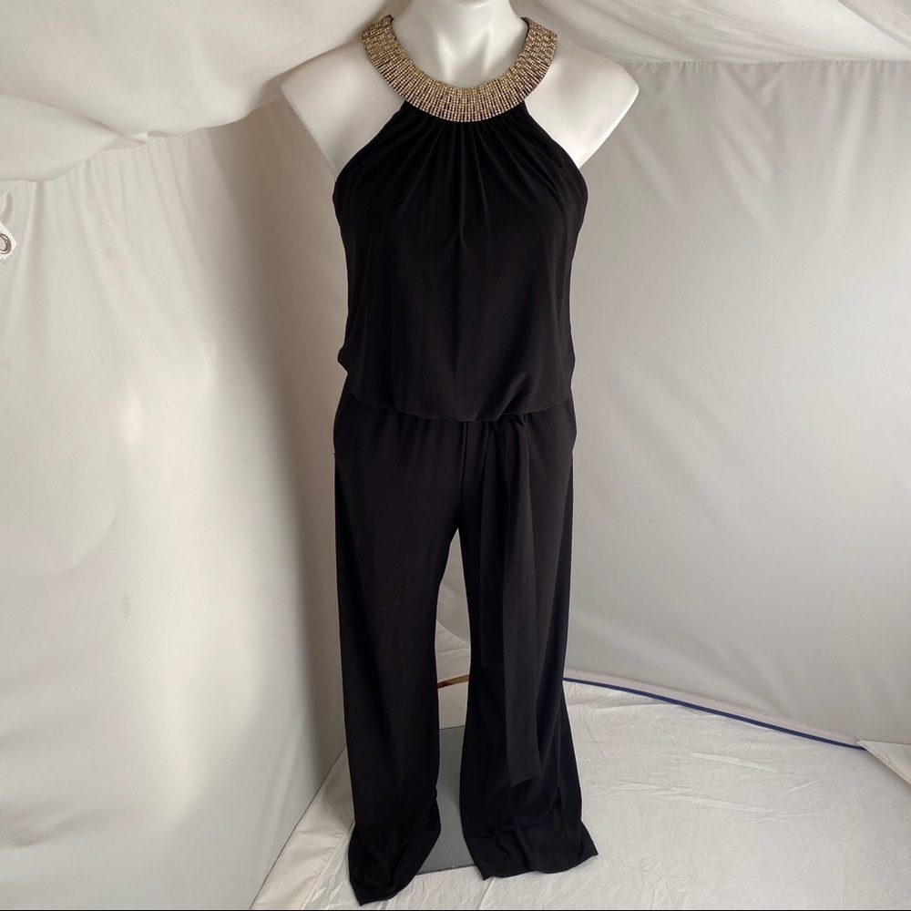 Xscape Black Rhinestone Embellished Halter Stretch Jumpsuit